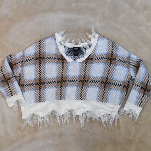 Just Polly Plaid Cropped Sweater Sz M Oversized Boxy Knit V-Neck Grunge Top - Picture 10 of 10